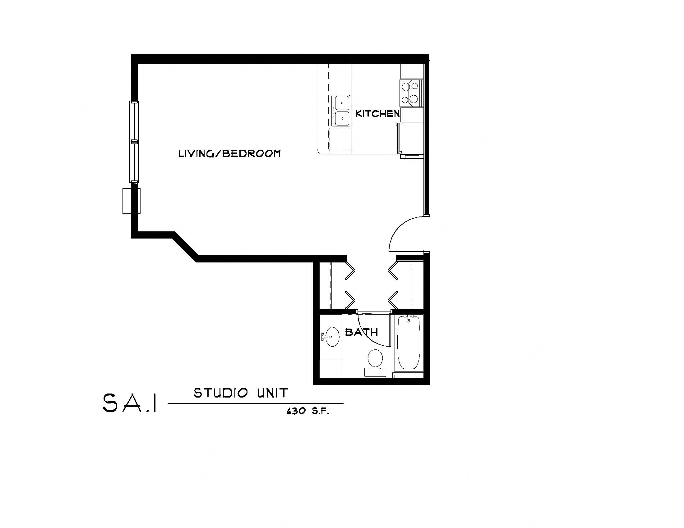 Floor plan for studio, 1 bath, 640 sqft
